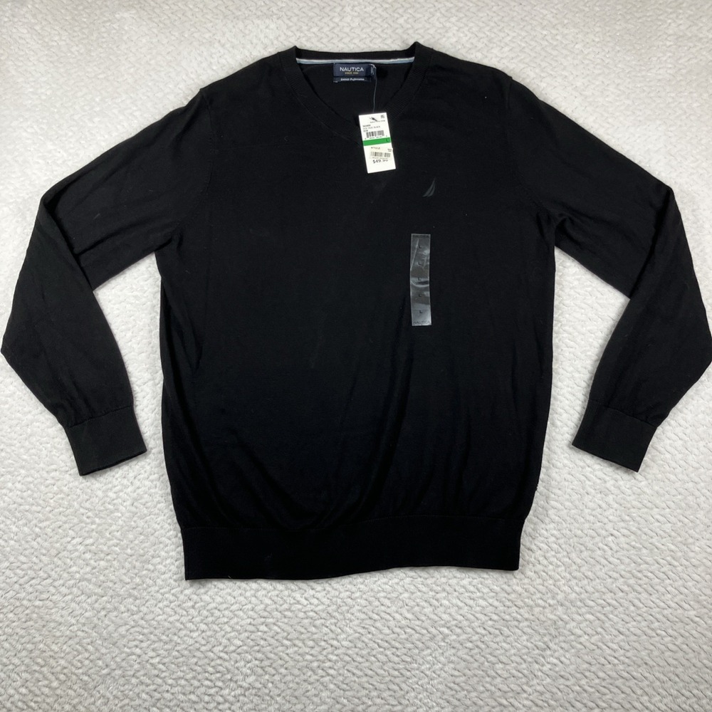 NWT Nautica Sweater Mens‎ Black V-Neck Long Sleeve Large Cotton Modal MSRP $50